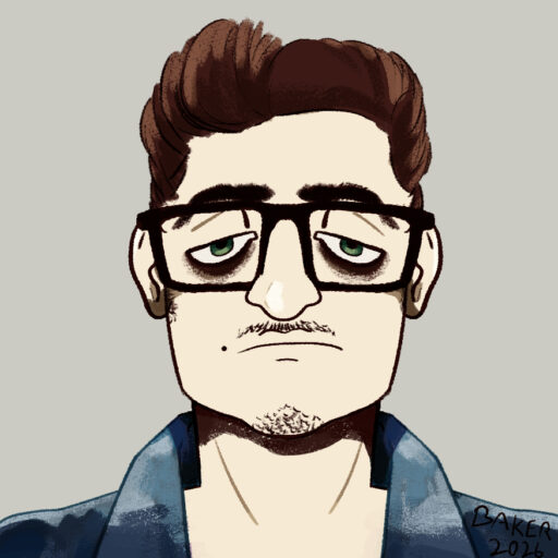 A drawn self-portrait. The person depicted is a shockingly white guy with dark brown hair, patchy facial hair, and a mole by the upper right of his mouth in a very well-loved and faded denim jacket.