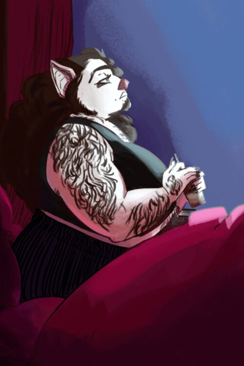 A digital illustration of a fat hairy bat drag king sitting up in a bed with rosy crushed velvet linens working at the straw of a chocolate milkshake that seems to have something else mixed into it.