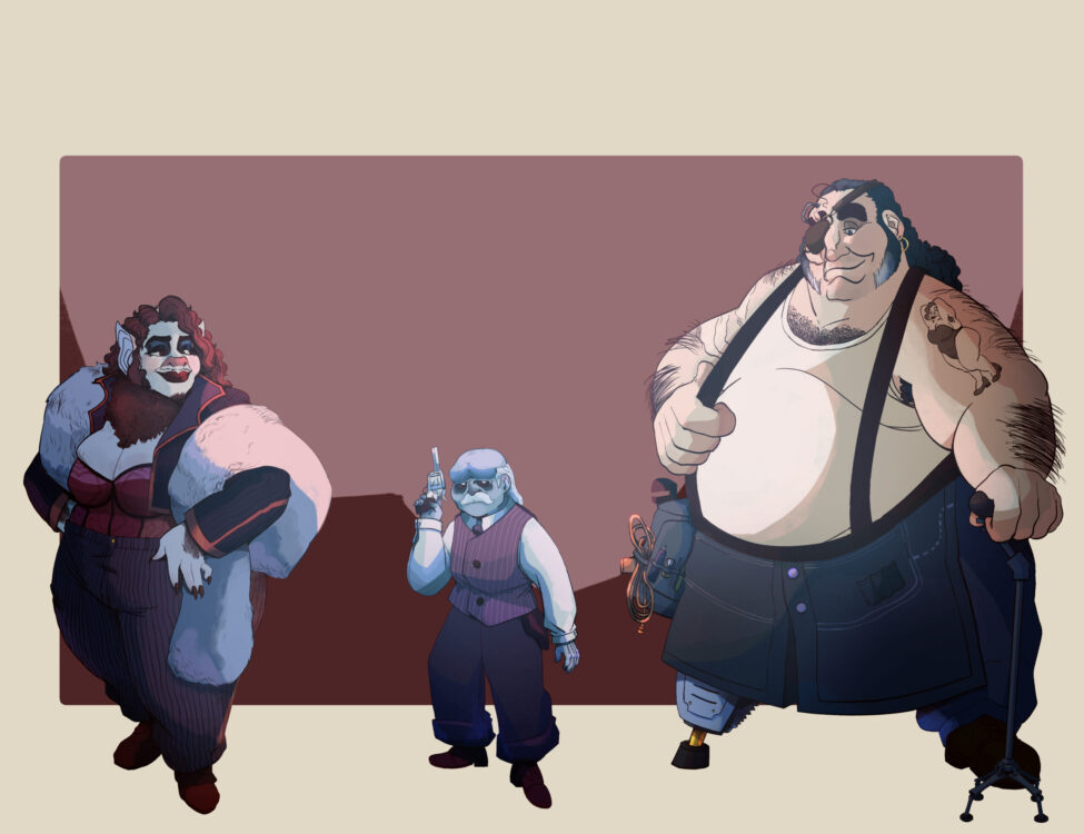 A digital illustration of three characters set against a red cutout background and standing in a paper-toned environment. The first character, on the left, is a fat hairy bat drag king in a purple suit with black pinstripes, a top like a corset, and wrapped in a fur ruff. The second character, in the middle, is a ghostly little man with eerie features a heavyset brow, and hair only on the back and sides of his head alongside a thick mustache in a purple vest and plum pants holding a revolver. The third character, on the right, is a big hairy fat man with a prosthetic leg and cane: he has a tool bag attached to a belt that holds up a work apron, and wears a tank top, pants held up by suspenders, and work boots; on his visible arm, left arm holding the cane, is a pinup tattoo of a fat femme in a one-piece bathing suit and pumps.