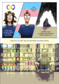 A comic page. Panel 1: a white, shaggy-haired young adult with a blue shirt and glasses has a rainbow infinity symbol above their head and the panel is captioned "After high school, I found out I have ASD." Panel 2: The young adult's hair has been dyed a bright pink and cut into a mohawk, and the transgender flag colors are behind them: the caption reads "And that I am trans." Panel 3: The young adult sits cross-legged in a gray hoodie and blue shorts on a beige carpeted floor and facing away from the camera while deeply gloomy: caption reads "And that I have an anxiety disorder and clinical depression." Panel 4: The young adult, still wearing the hoodie and shorts, but now in flip-flops and with very unshaved legs, squats very low in a brightly-lit grocery store aisle packed with mostly nondescript boxes: caption reads "And more fun stuff, like extra flexibility and clinical OCD."