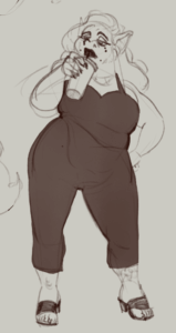 A digital sketch of a fat hairy bat femme in a jumpsuit and short open-toed heels watching something off-screen skeptically while drinking from a large takeout cup.