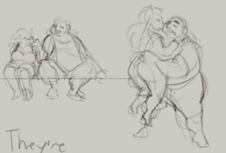 A pair of digital sketches. The one on the left has a fat bat femme and a grizzled fat man with a prosthetic leg sitting on a bench with the man gently caressing the femme's chin. The right sketch shows the characters again: the man is lifting the femme slightly off the ground so the two can make eye contact, the femme has their hands on his shoulders, and they're both smiling.